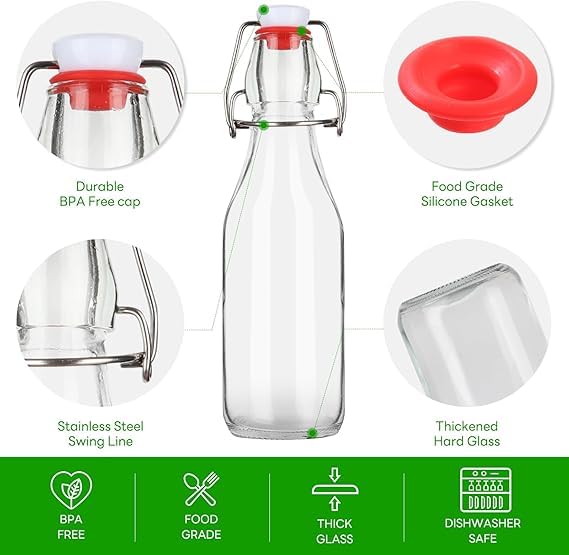 Image of Clear Glass Bottles with Airtight Swing Top Lids - Leakproof Reusable Glass Jars for Juice, Oil, Water, Milk, Kombucha, Vinegar, Beverages - Round, Pack of 2