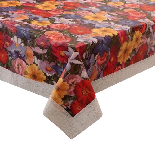 Image of Dakshya Industries 6 Seater PVC Waterproof Dining Table Cover 60x90 Inch | Floral Printed Washable Table Cloth with Lace Border