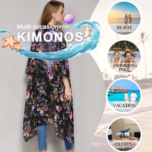 Hibluco Women's Long Floral Kimono Printed Cardigan Sheer Swimsuit Cover Ups3