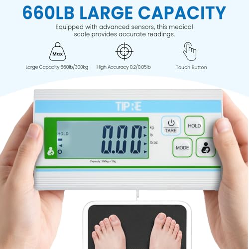 Image of TIPRE Medical Grade Floor Scale Professional Physician Scale 660lb Wrestling Scale for Body Weight Bariatric Scale Heavy Duty Easy to Read Separate Display Screen for Home, Hospital & Physician Use