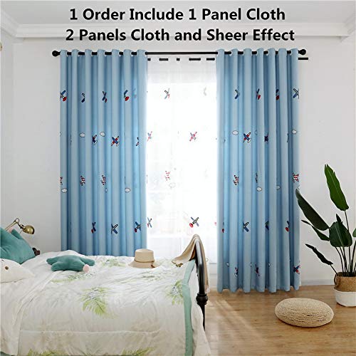 Alifish 1 Panel Blue Kids Curtain For Boys Bedroom Cartoon Airplane Embroidery Linen Blend Blackout Drape Grommet Nursery Window Treatment 84 Inch Long By 39 Inches Width #TOP1
