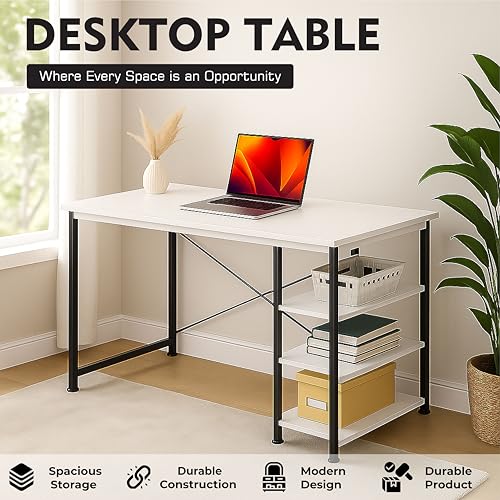 Image of Callas Computer Desk with Side Storage Shelves for Home Office, Study Table for Laptop, Writing & Workstation - Sturdy Metal Frame & Wooden Top (ST-24-White) (White, ST-24)