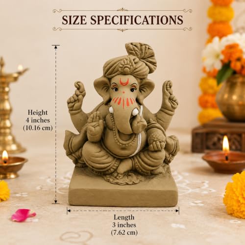 Image of Clay Ganesh Idol, 4 Inches Height, Water Soluble Ganpati Murti for Ganpati Visarjan (Small) (Natural Brown - Turban Ganesha)