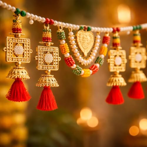 Image of Rajasthan Kraft Beads Toran for Door Entrance | 40 Inch, Decorative Bandarwal Door Toran for Festive Home Decor, Diwali, Pooja & Wedding, Perfect Ethnic Pearl Beads Toran for Wall & Entrance Decor