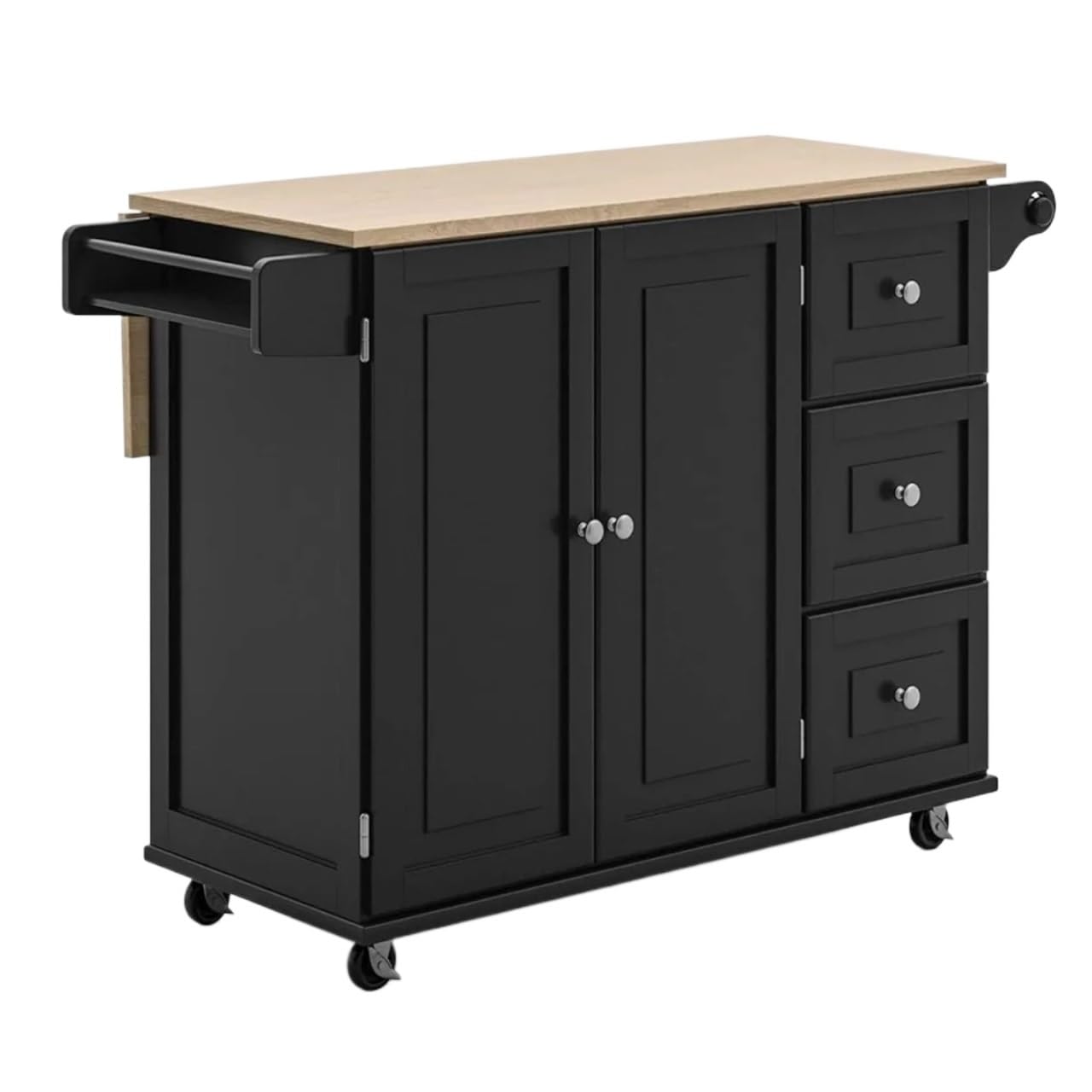 Carro rodante Carrito de Cocina con Tapa Madera y Barra abatible, Isla móvil rodante Almacenamiento toallero, Negro