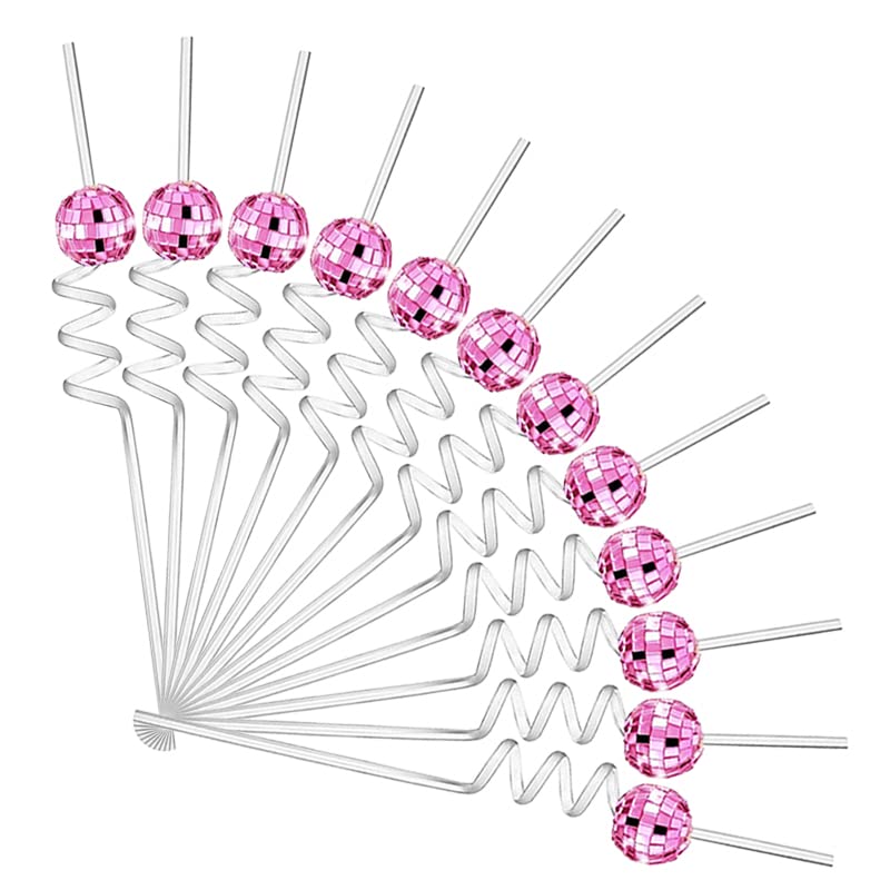 12pcs Disco Ball Straw,Mirror Ball Plastic Curved Straw Disco Decorative Straws,Cocktail Straws Birthday Party Bar Straw for Home Party Wedding Birthday Bar (Pink)