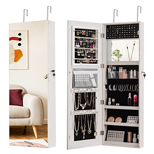 COSTWAY Espejo Joyero, Espejo Joyero de Pared/Puerta, Armario Joyero con Cerradura, 40 x 12,5 x 120 cm, Blanco