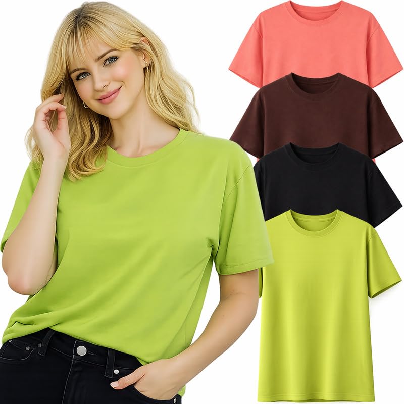 Image of London Hills Tshirt for Woman | T Shirt for Woman Cotton Casual Tops | Tshirts Shirts for Women Round Neck Short Sleeve | Women Tees Everyday Wear Basic T Shirts for Womans (Pack of 4)