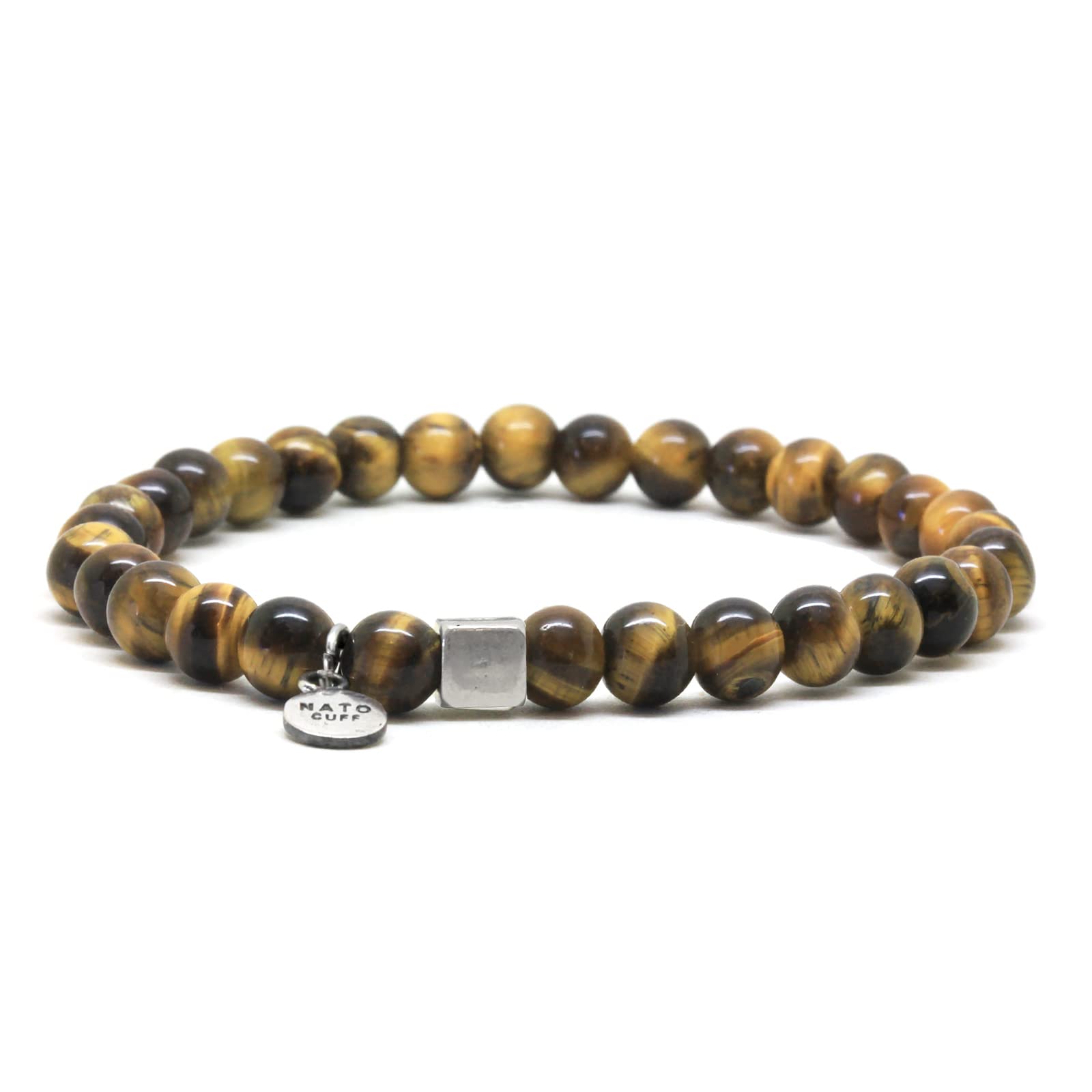 Nato Cuff - Pulsera de plata de ley 925 - Cuentas de piedras preciosas de ojo de tigre amarillo - Hecho a mano en Francia - Joyería para hombre y mujer