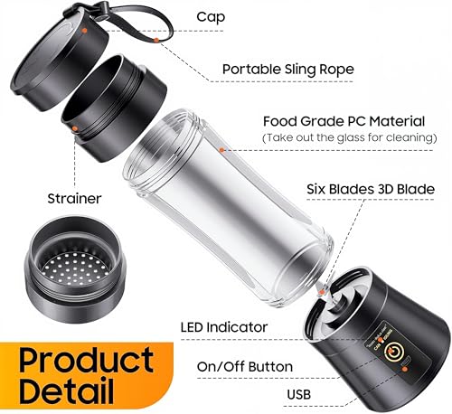 Image of Portable USB Juicer Blender, 6-Blade Rechargeable Mini Mixer Grinder Bottle for Smoothies, Protein Shakes & Juices, Personal Size Travel Blender with Built-In Jar (Multicolor)