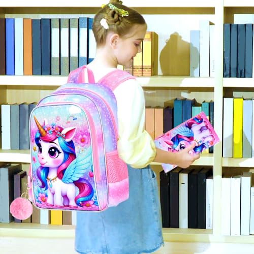 Image of CCJPX 3Pcs Unicorn Backpack for Girls, 16 inch Kids Bookbag with Lunch Box, Cute Water Resistant Schoolbag for Preschool Kindergarten Toddler(Purple)