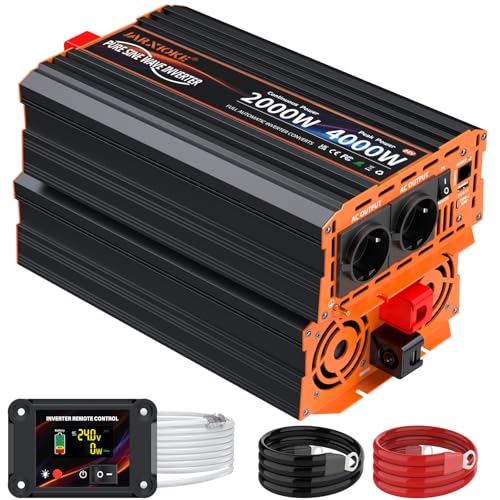 Inversor 24V 220V Onda Pura 2000W Convertidor DC AC con Mando LCD, 2 Tomas AC + USB-A + USB-C – Transformador para Coche, Camión, RV y Energía Solar, Seguro para Dispositivos Sensibles