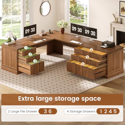 Image of SEDETA Fluted 78.8 inch L Shaped Desk with 6 Drawers, Fluted Brown