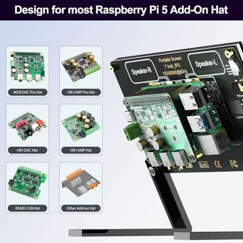 Image of 7 inch IPS LCD Display with Capacitive Touch Screen 1024x600 HDMI Monitor for Raspberry Pi 5 /4B /3B+ /3B /B+, Built-in Dual Speakers, Supports DAC /DAC PRO /AMP /AMP PRO and Raspberry Pi Hats