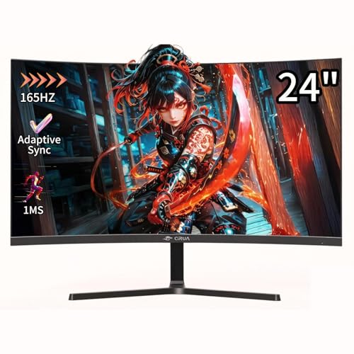 CRUA 24 Zoll Curved Gaming-Monitor 180 Hz|165 Hz|144 HZ|1080P|PC Monitor Computer 100% sRGB-Farbumfang kompatibel FreeSync G-sync|Rahmenlos|HDMI|DisplayPort,VESA-Wandmontage, Schwarz