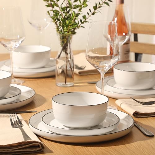 Image of Gibson Home Oslo 12-Piece Porcelain Dinnerware Set - Dinner Plates, Salad Plates & Bowls, Classic White With Black Rim Everyday Dish Set for Home, Kitchen, Microwave & Dishwasher Safe