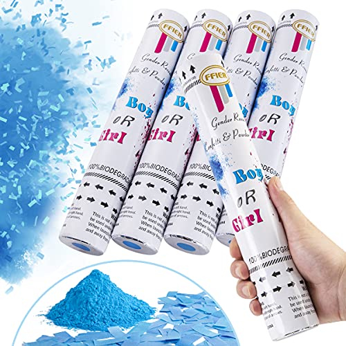 FFIER Gender Reveal Confetti Powder Cannon - 4 Blue Gender Reveal Poppers - Gender Reveal Party Supplies - 100% Biodegradable Tissue Safe Smoke and Confetti, Mixed Confetti and Powder