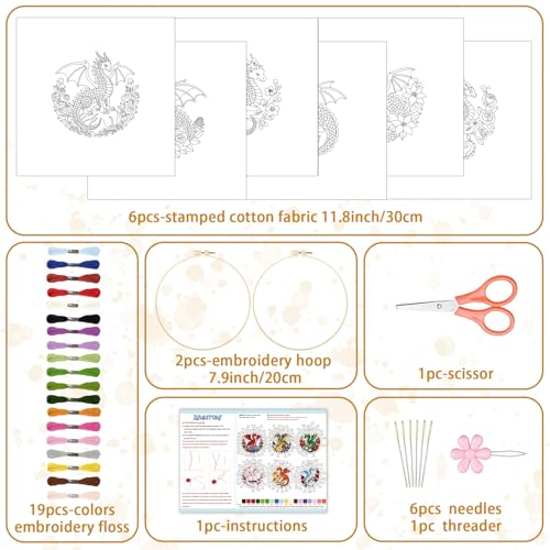 Image of BEUNITONE 6 Set Embroidery Kits for Beginners with Dragon Pre-Print Pattern | 7.9x7.9 inch DIY Craft Kits for Adults Include Embroidery Hoops and Instructions, Needlepoint Kits for Craft Lover and Home Decor