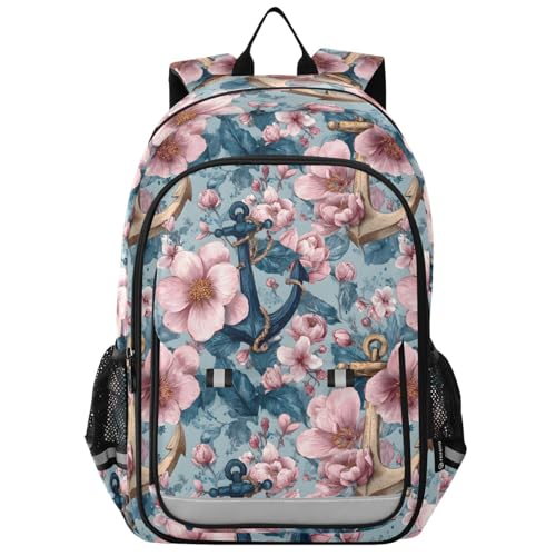 senya Anchor Pink Flower Backpack Water-Resistant Bag Lightweight Bookbags with Reflective Strip