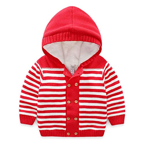 Baby Boys Hooded Cardigan Jacket Long Sleeve Striped Knitted Sweater Toddler Winter Warm Outerwear Red