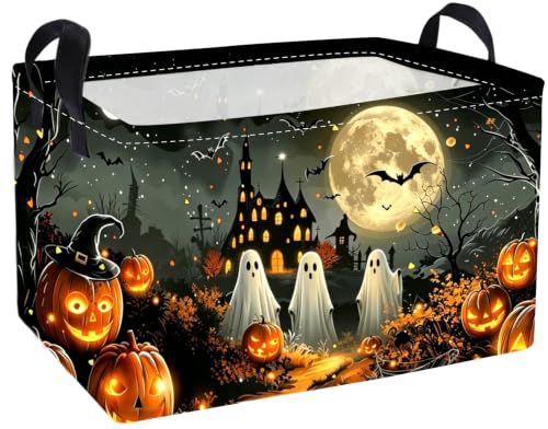 Image of Essme Rectangular Halloween Basket,Kids Storage Bins Organizer with Handles for Ghost Room Decor, Gift Basket,Shelf Basket.(Dream Halloween)