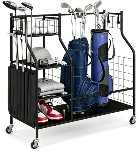 COSTWAY Golf Storage Rack Extra Large Golf Clubs Bag Stand with Lockable Universal Wheels and Other Golfing Equipment Rack Golf Garage Organizer (95 x 40 x 94cm)