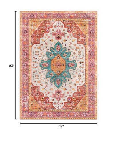 Moynesa Ultra-Thin Washable Vintage Area Rug - 5x7 Large Bedroom Boho Non-Slip Non-Shedding Living Room Mat Oriental Medallion Floor Carpet for Kids Nursery Room Office, Pink/Teal/Multi