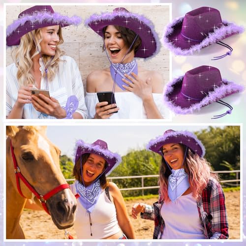 Image of Coume 12 Pcs Sparkly Adults Cowboy Hat and Bandanas Women Men Western Glitter Cowgirl Party Hats with Adjustable Drawstring
