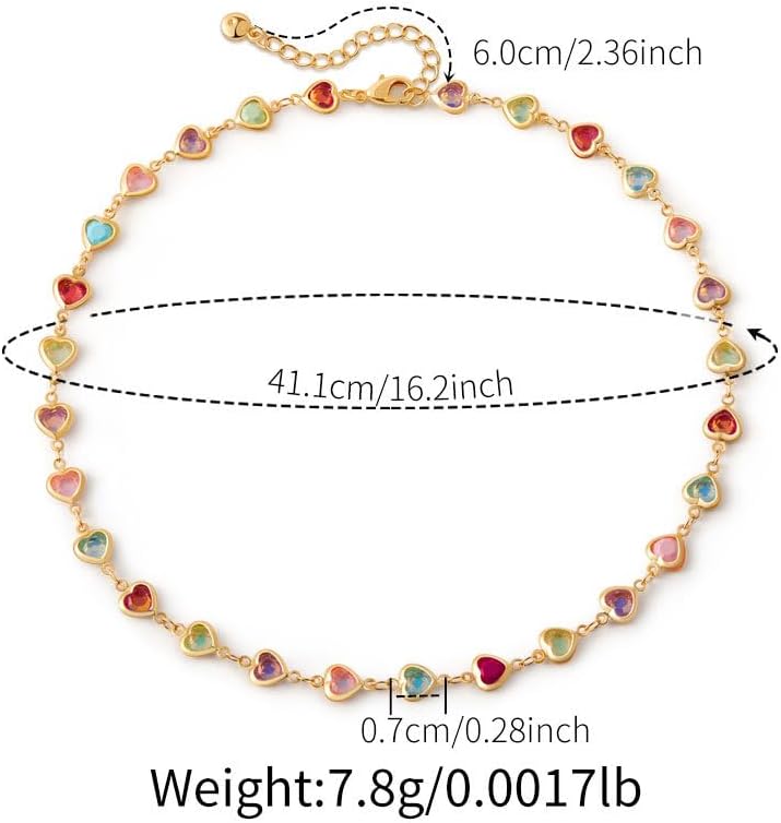 Dainty Colorful Rhinestone Hearts Beaded Choker Necklace for Women Trendy Multicolor Love Sparkly Crystal Rainbow Gemstone Chain Necklaces Sweet Party Prom Neck Jewelry Statement Summer Beach Vacation - Image 6