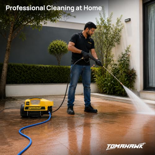 Image of Tomahawk TPW-A Induction Motor Pressure Washer - 130 Bar High Pressure, 1900W Deep Cleaning Power | 1-Line Compact Washer with 8m Hose, Pressure Gauge & Foam Bottle for Car, Bike & Home