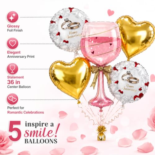 Image of Wanna Party Happy Anniversary Wine Glass Foil Balloon Set of 5, Pink Wine Glass Balloon with Gold Heart and Printed Round Balloons, Romantic Anniversary Decoration for Husband Wife & Couples