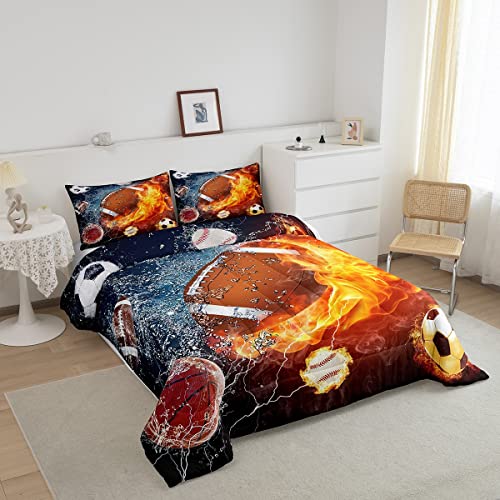 Erosebridal Football Comforter Twin Rugby Sports Bedding Set For Teen Boys Girls Kids,Soccer Basketball Baseball Comforter Red Blue Water Fire Lightning Quilt Duvet Insert Bedroom Decor 1 Pillow Case #TOP1