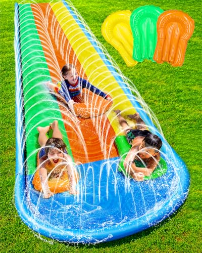 Sunrio Lawn Water Slides 16ft x 80in Triple Slide with Built-in Sprinkler and 3 Bodyboards for Kids Adults Backyard, Slip and Slide in Outdoor Water Toys During Summer Holiday
