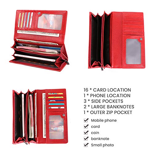 Leather RFID Blocking Women's Trifold Clutch, Card Holder Phone Slot Ticket Book Organizer Zipper Coin Wallet (Red)4