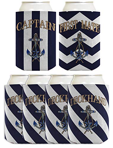Funny Can Coolie Sailing Captain First Mate Deckhand Bundle Boating Gift 6 Pack Can Coolie Drink Coolers Coolies Navy Stripes