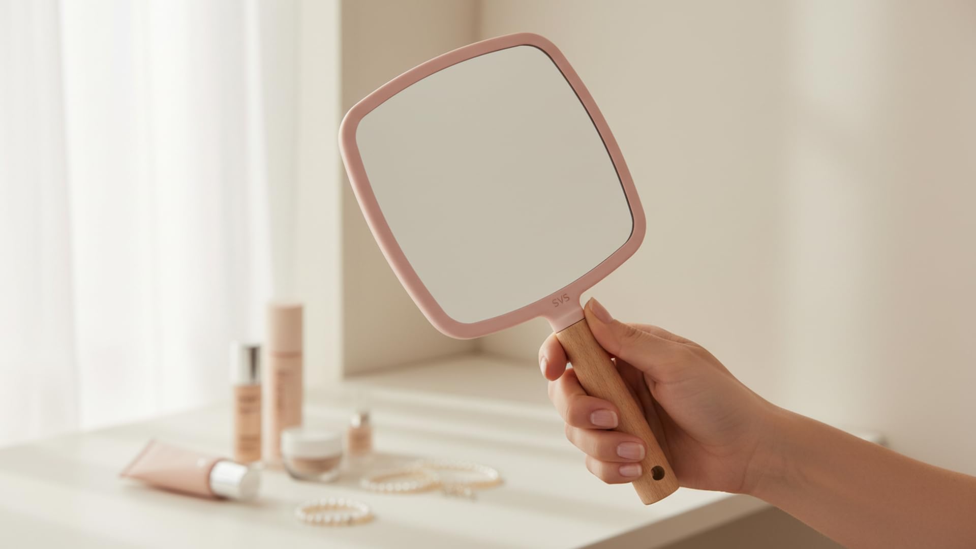 SVS ONLINE Wood Handle Mirror Square 25×13 cm | Portable HD Grooming & Makeup Mirror | Eco‑Friendly Plastic Frame | Travel & Shaving Handy Mirror (1, Square) 4