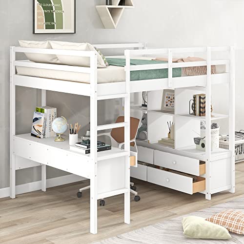 Harper & Bright Designs White Full Loft Bed with Desk and Storage Cabinet, Wood Full Size Loft Beds Frame with Bookcase and Shelves, Modern Full Loft Bed for Kids Teens Adults Boys Girls