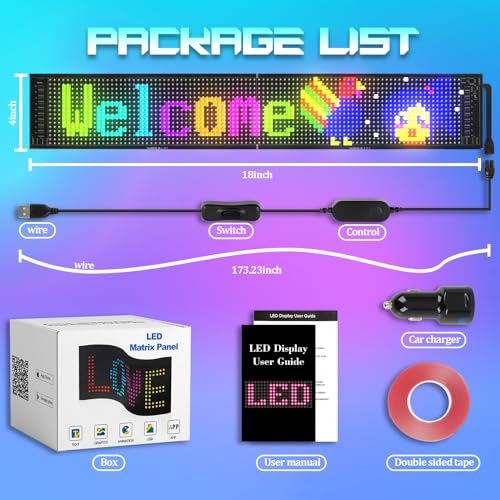 Image of FAHKNS Programmable LED Sign Matrix Panel, Flexible Huge Bright Advertising Scrolling LED Sign, Bluetooth App Control LED Sign for Car Shop Store Advertising Party Bar, 19''x5''