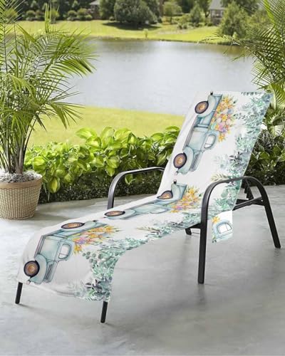 Easter Day Beach Chair Towel Covers for Chaise Lounge with Side Pocket, Soft Plush Pool Towels Cover for Patio Sunbathing Outdoor 29''x85'' Farm Truck Eggs Sweeping Eucalyptus Leaves