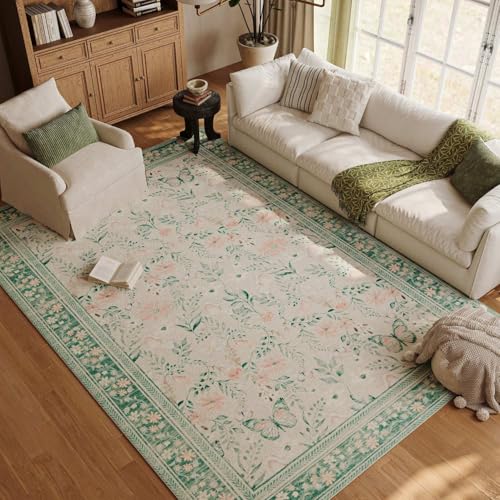 Rugxara Green Floral Rug for Living Room Bedroom, 5x7 Washable
