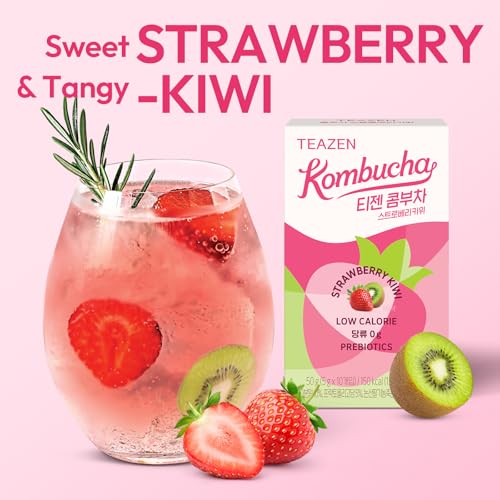 Image of TEAZEN Strawberry&Kiwi Kombucha Powder, Hydration Drink Mix, Sugar Free, Live Probiotics & Prebiotics, On-the-Go 10 Packets, 1.76oz