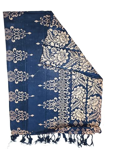 Image of Women's Dupatta | Navy Blue with Beige Floral and Geometric Print | Tassel Border
