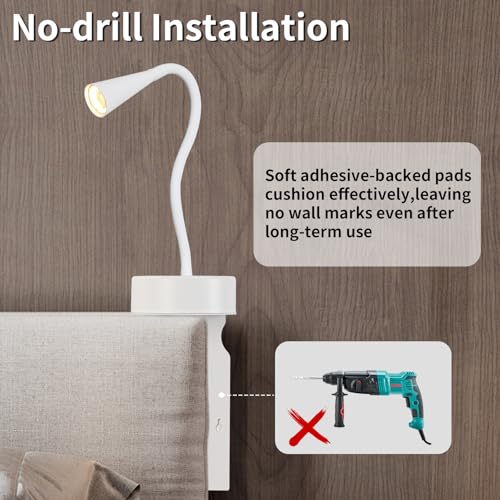 Image of White Headboard Reading Light, No Drilling Wall Mounted Reading Lights for Bedside, Book Light for Bedtime Reading, Buttonless Dimmable Reading Lamp, Movable Gooseneck Reading Sconces for Bedroom