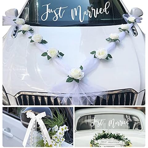 Wedding Car Decoration Set, 6Pcs Car Bows + Just Married Car Decal + 9Pcs Artificial Rose Flowers with Ribbon Wedding Car Ribbon Decoration Cover