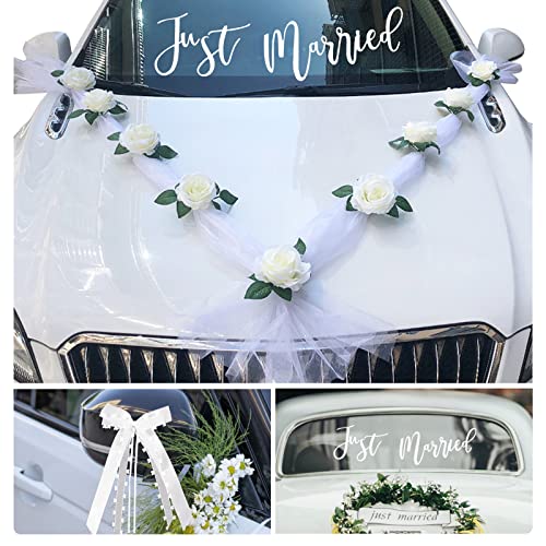 Ruban de Décoration Tulle Voiture Mariage avec Simulation Rose Blanche Fleurs artificielles + 6pcs Nœuds Blancs avec mini Cœurs Decorative +Autocollant de...