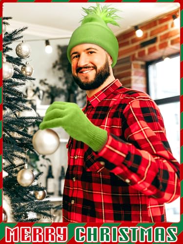 Image of Hicarer Christmas Cosplay Pom Beanie and Gloves Set Neon Green Knitted Winter Cuffed Beanie Cap Gloves Kit for Women Men Xmas Party