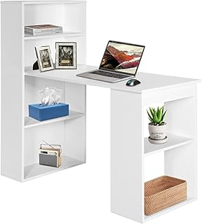 CASART 122CM Computer Desk Bookshelf, Wooden Writing Table with 6 Storage Shelves, Home Office Study Desk PC Laptop Table Workstation (White)