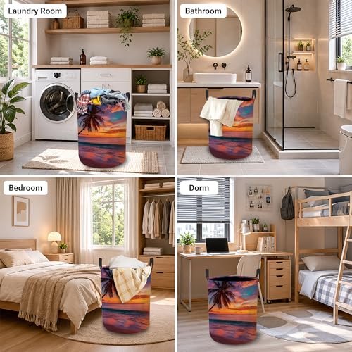 Image of Laundry Hamper, Tropical Beach Collapsible Sunset Palm Laundry Baskets Waterproof Oxford Cloth With Handles, Clothes Storage Bucket For Bathroom /Bedroom 16 inch x 20.8 inch