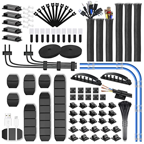 188Pcs Cable Management Kit with 60 Cable Clip Holders,6 Cable Sleeves,2 Self Adhesive Rolls,20 Fastening Tapes and 100 Self-Locking Cable Ties,Cable Tidy Kit for Desk,Car and Office -  PIPHU, CM188