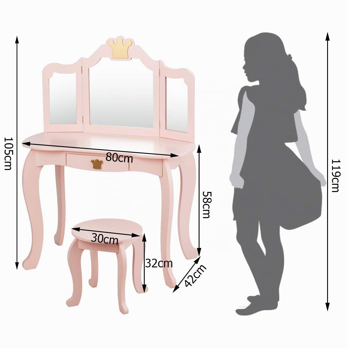 RELAX4LIFE Tavolo Toeletta Trucco per Bambini, Set Mobile 2 in 1 Scrivania con Cassetto e Sgabello, Specchio a 3 Lati Smontabile, Sicurezza Anti Ribaltamento, 79,7 x 42,2 x 106,2 cm (Rosa)